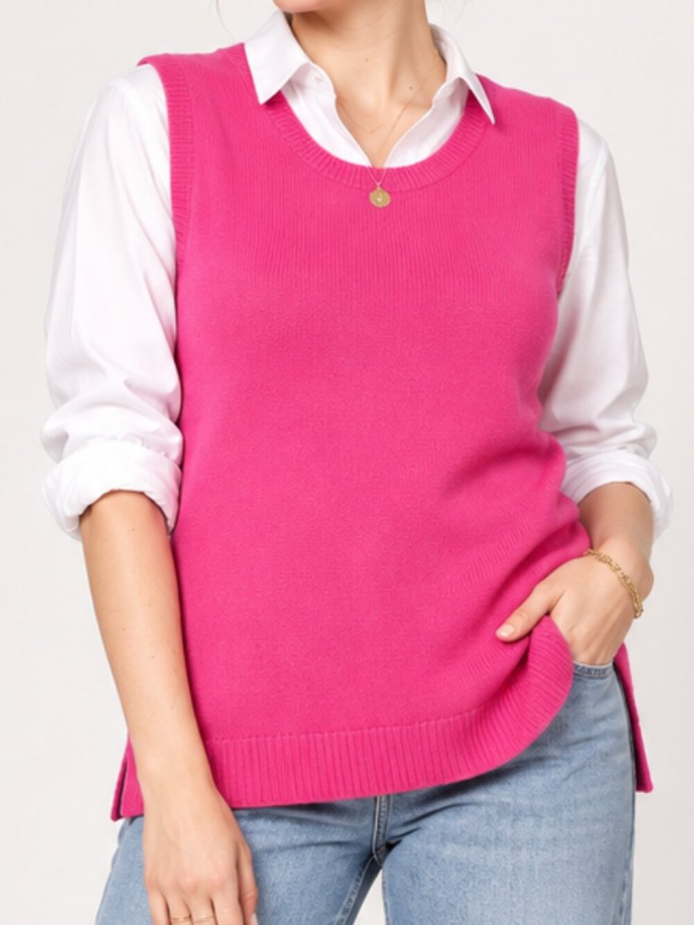 Isaac Mizrahi NEW Fuchsia Pink Fine Gauge Knit Crew Neck Sweater Vest SZ 1X Chic